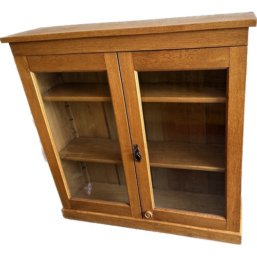 387 - Oak three shelf open glass bookcase with key measures approx 42 inches tall by 42 inches wide