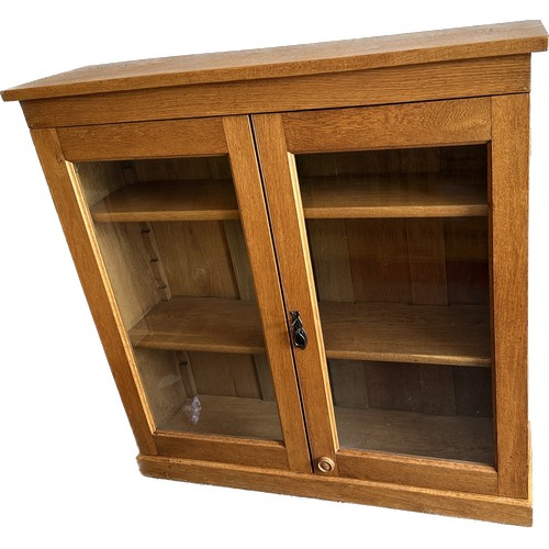 387 - Oak three shelf open glass bookcase with key measures approx 42 inches tall by 42 inches wide