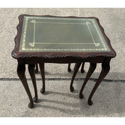 379 - Mahogany nest of three tables with glass top measures approx 20 inches wide by 21 inches tall