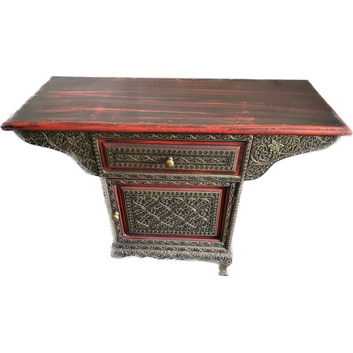 393 - Oriental inlaid table with 1 door and 1 drawer measures approx 30 inches tall by 41 inches wide