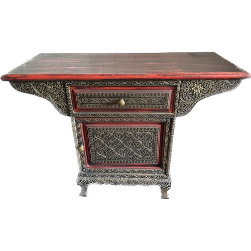 393 - Oriental inlaid table with 1 door and 1 drawer measures approx 30 inches tall by 41 inches wide