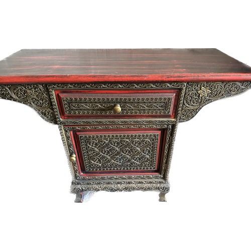 393 - Oriental inlaid table with 1 door and 1 drawer measures approx 30 inches tall by 41 inches wide