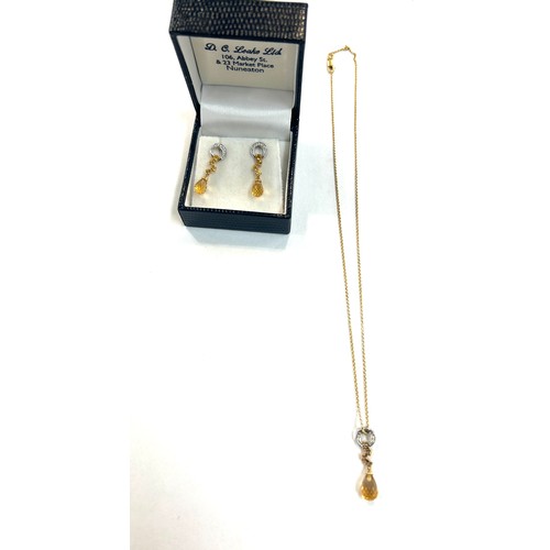 76 - Ladies 9ct gold diamond and citrine set necklace and earring set total weight approx 5.7 grams