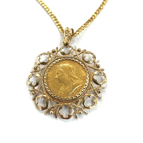 68 - 22ct Gold 1898 queen Victoria Sovereign in a 9ct gold pendant of a 9ct gold chain total weight 22.4 ... 