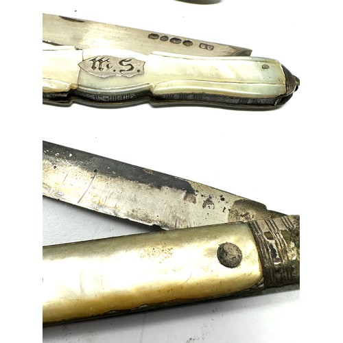 42 - 4 antique silver & m.o.p fruit knives