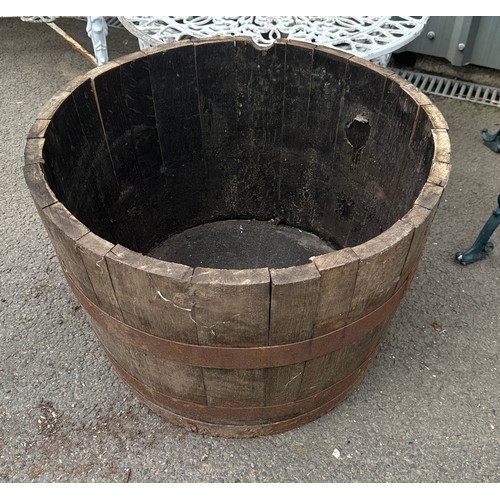 100M - Vintage oak barrel measures approximately 26 inches diameter 18 inches tall