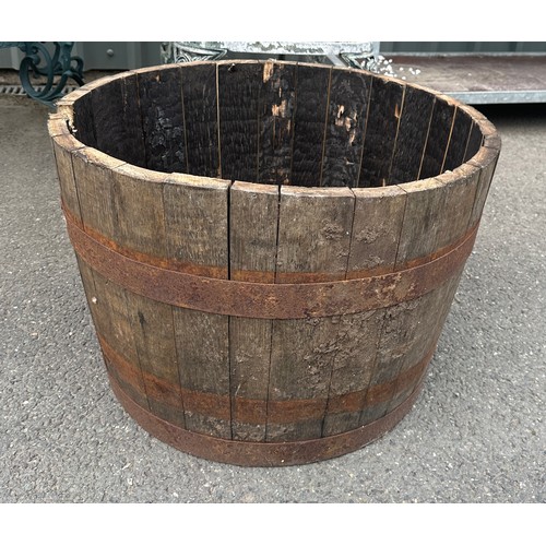 100N - Vintage oak barrel measures approximately 26 inches diameter 18 inches tall