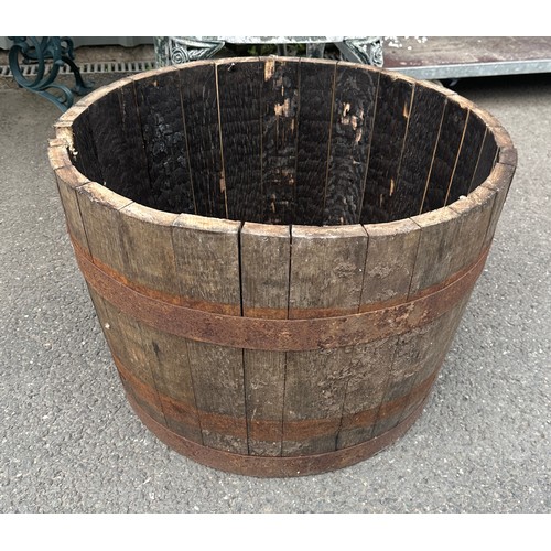 100N - Vintage oak barrel measures approximately 26 inches diameter 18 inches tall