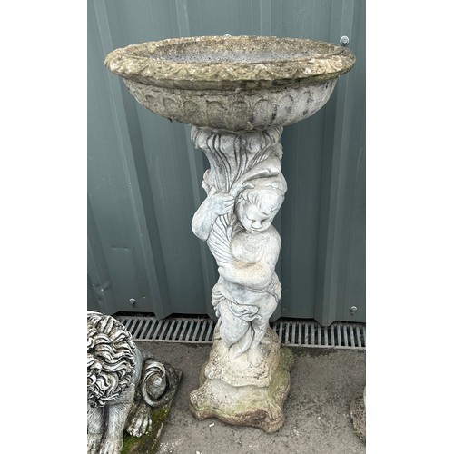 100U - Large concrete bird bath 40 inches tall 18 inches diameter