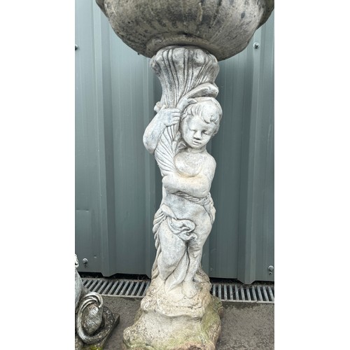 100U - Large concrete bird bath 40 inches tall 18 inches diameter