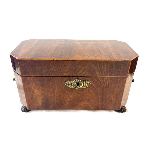 463 - Mahogany tea caddy with brass handles measures approximately 12.5 inches wide 7 inches tall