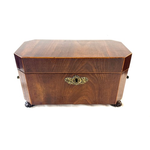 463 - Mahogany tea caddy with brass handles measures approximately 12.5 inches wide 7 inches tall