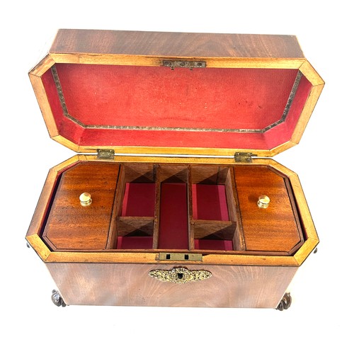 463 - Mahogany tea caddy with brass handles measures approximately 12.5 inches wide 7 inches tall