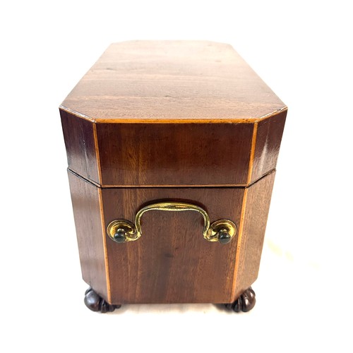 463 - Mahogany tea caddy with brass handles measures approximately 12.5 inches wide 7 inches tall