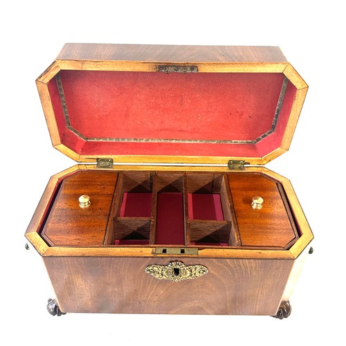 463 - Mahogany tea caddy with brass handles measures approximately 12.5 inches wide 7 inches tall