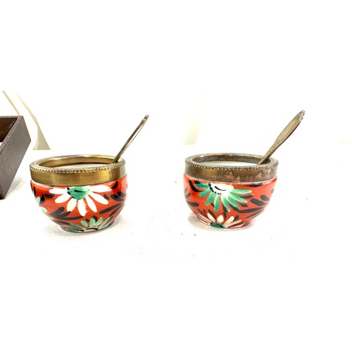 447 - Cased set hand painted french condiment set, marks to base