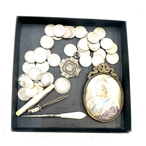 492 - Selection of collectables includes coins, silver fob, silver ring, coins, Miniature, etc