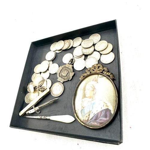 492 - Selection of collectables includes coins, silver fob, silver ring, coins, Miniature, etc