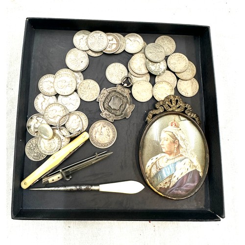 492 - Selection of collectables includes coins, silver fob, silver ring, coins, Miniature, etc