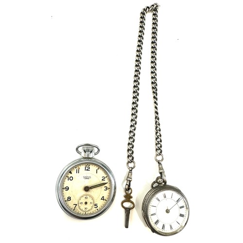 511 - Vintage silver fob watch with a silver albert chain along with a smith pocket watch