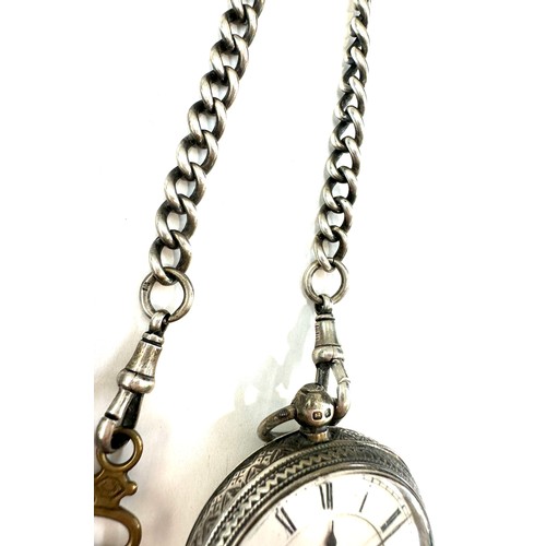 511 - Vintage silver fob watch with a silver albert chain along with a smith pocket watch