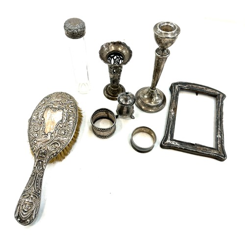 488 - Selection of vintage and later silver items includes brush, candle sticks etc