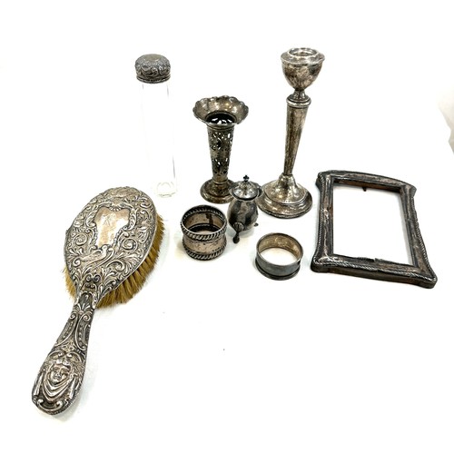 488 - Selection of vintage and later silver items includes brush, candle sticks etc