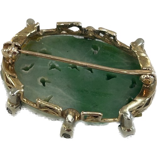 468 - Vintage Chinese Jade and diamond brooch set in unmarked gold, approximate weight 5.3g, approximate m... 