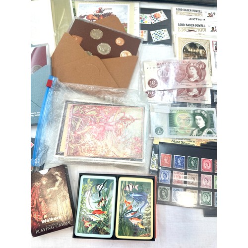 479 - Box of stamps, bank notes, coins, 1st day covers, album of cigar cards etc