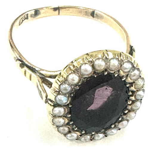 440 - Antique 9ct gold ring with seed pearl and purple stone in ring box, approximate weight 4.3g, UK size... 