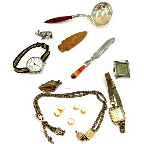 485 - Selection of vintage items including watches, arrowhead, part yellow metal watch chain, studs etc