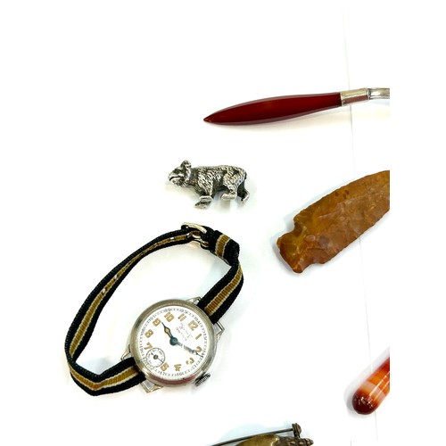 485 - Selection of vintage items including watches, arrowhead, part yellow metal watch chain, studs etc