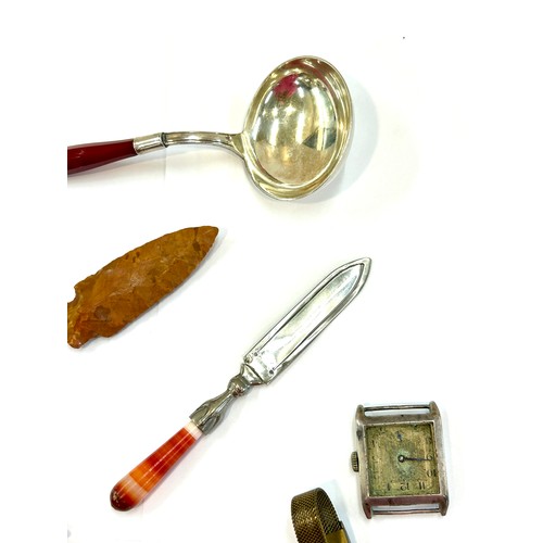 485 - Selection of vintage items including watches, arrowhead, part yellow metal watch chain, studs etc