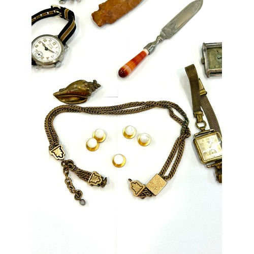 485 - Selection of vintage items including watches, arrowhead, part yellow metal watch chain, studs etc