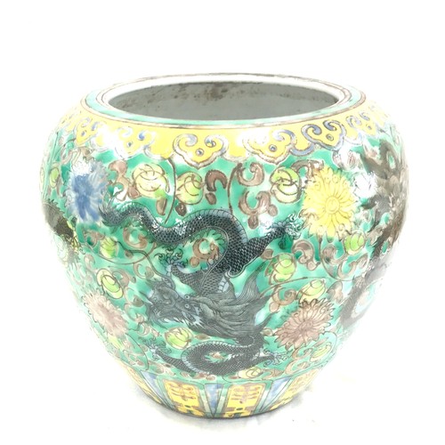 282 - Oriental hand painted jardiniere with marks to base measures approx 8 inches tall by 9.5 diameter
