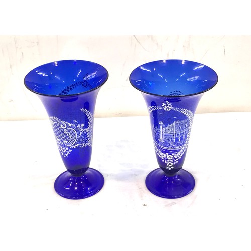 47 - Pair of Venetian blue glass hand painted vases measures approx 22 cm tall