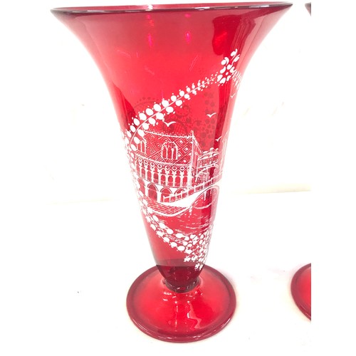 69 - Pair of Venetian red glass hand painted vases measures approx 22 cm tall