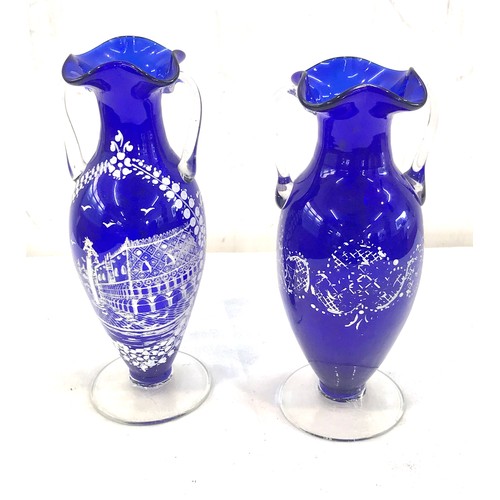 34 - Pair of small Venetian blue glass vases hand painted height approx 18 cm