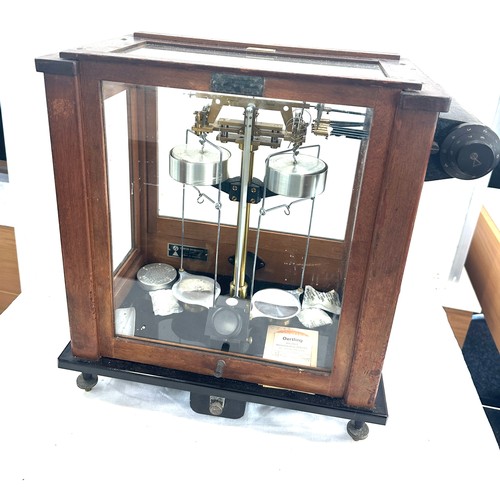 265 - Vintage cased scientific scales mode A.D.2 measures approx 18 inches tall by 18 inches wide and 9.5 ... 