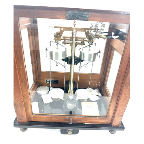 265 - Vintage cased scientific scales mode A.D.2 measures approx 18 inches tall by 18 inches wide and 9.5 ... 