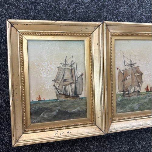 3 - Two framed vintage paintings on porcelain depicting boats at sea measures approx 9.5 inches tall by ... 