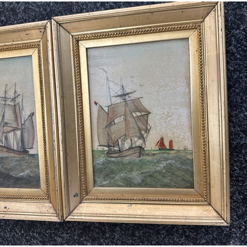 3 - Two framed vintage paintings on porcelain depicting boats at sea measures approx 9.5 inches tall by ... 