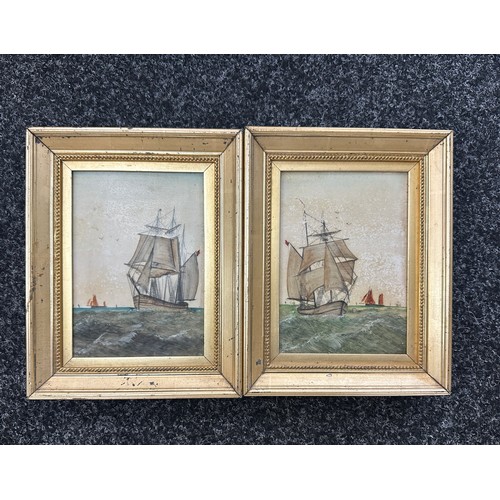 3 - Two framed vintage paintings on porcelain depicting boats at sea measures approx 9.5 inches tall by ... 