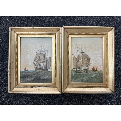 3 - Two framed vintage paintings on porcelain depicting boats at sea measures approx 9.5 inches tall by ... 