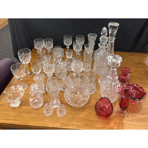 155 - Selection of vintage cut glass to include decanters, cranberry etc