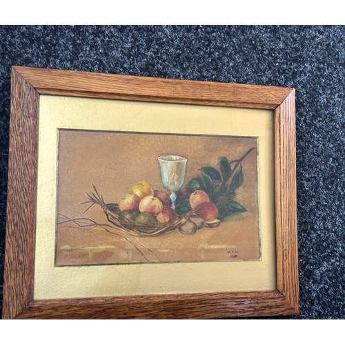 127 - Signed framed painting depicting fruit and one other print largest measures approx 27 inches tall by... 