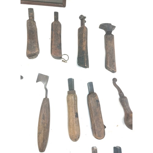 56 - Selection of vintage shoe makers wooden tools together with a Craftmanship certificate