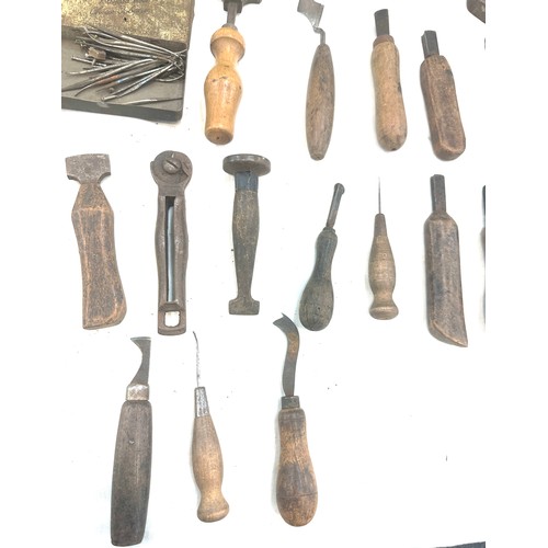 56 - Selection of vintage shoe makers wooden tools together with a Craftmanship certificate