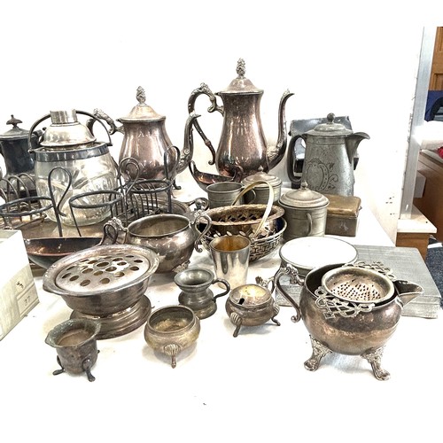 249 - Large selection of silver plated items to include tea pots, barrel, large tray, coasters etc