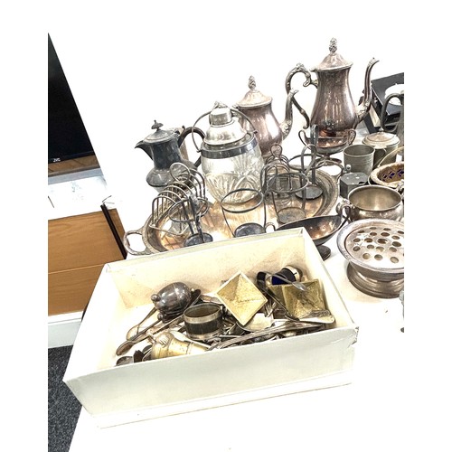 249 - Large selection of silver plated items to include tea pots, barrel, large tray, coasters etc
